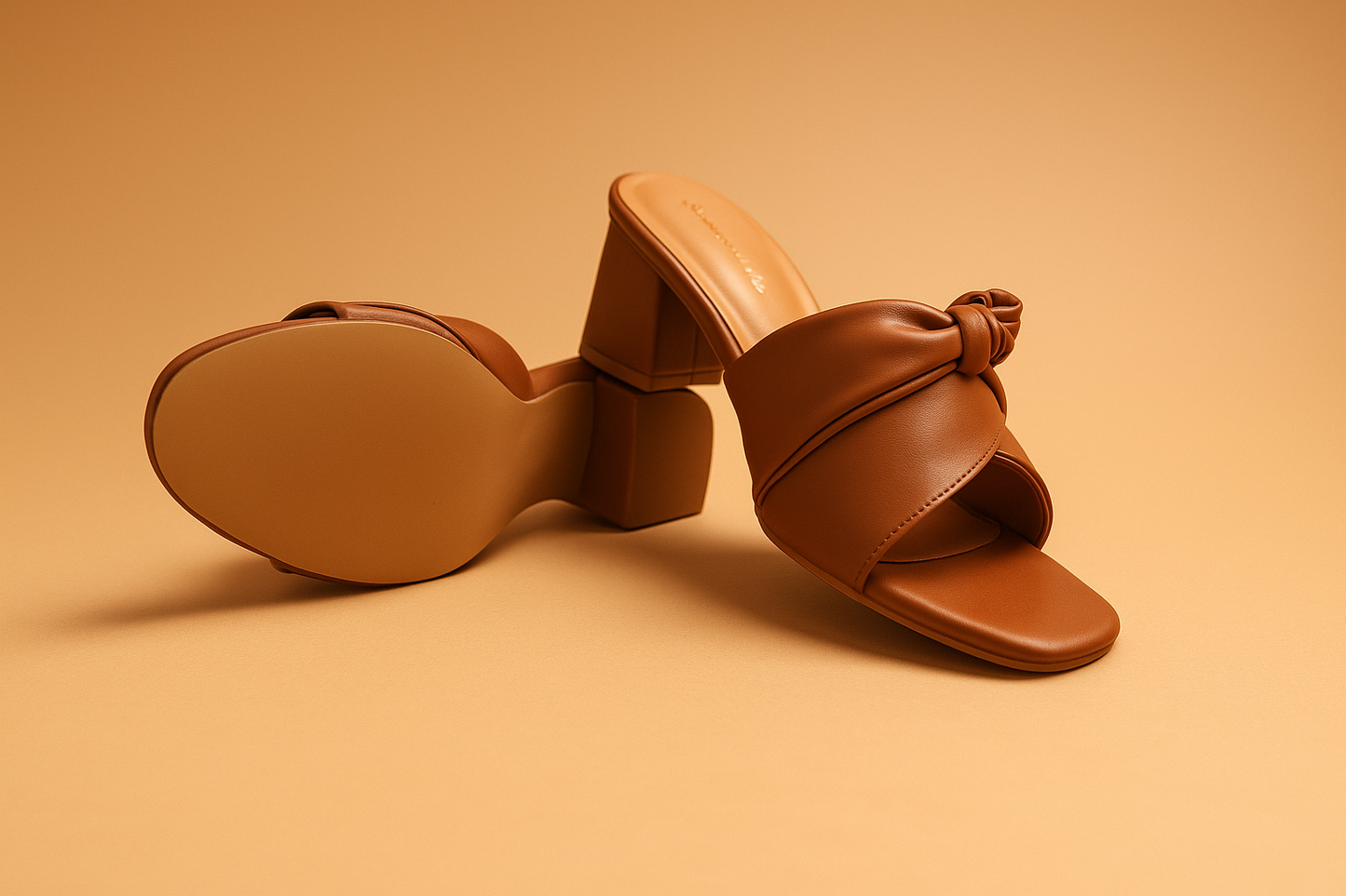 Elegant Knot-Front Block Heel Mules – Caramel Brown