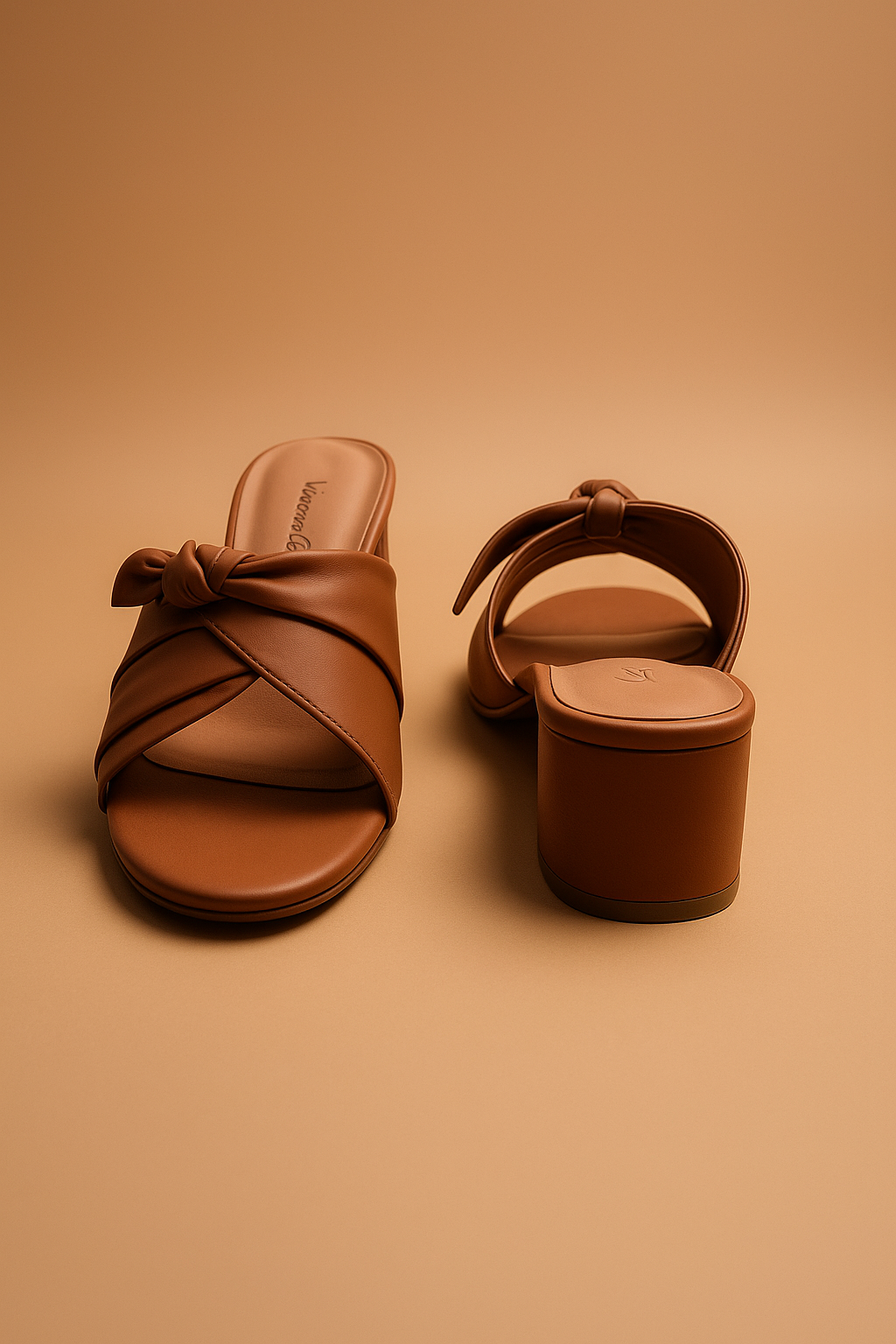 Elegant Knot-Front Block Heel Mules – Caramel Brown