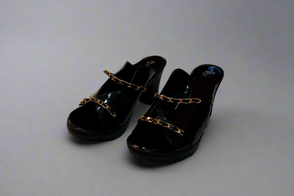 Black Patent Block Heels with Gold Chain Detailing