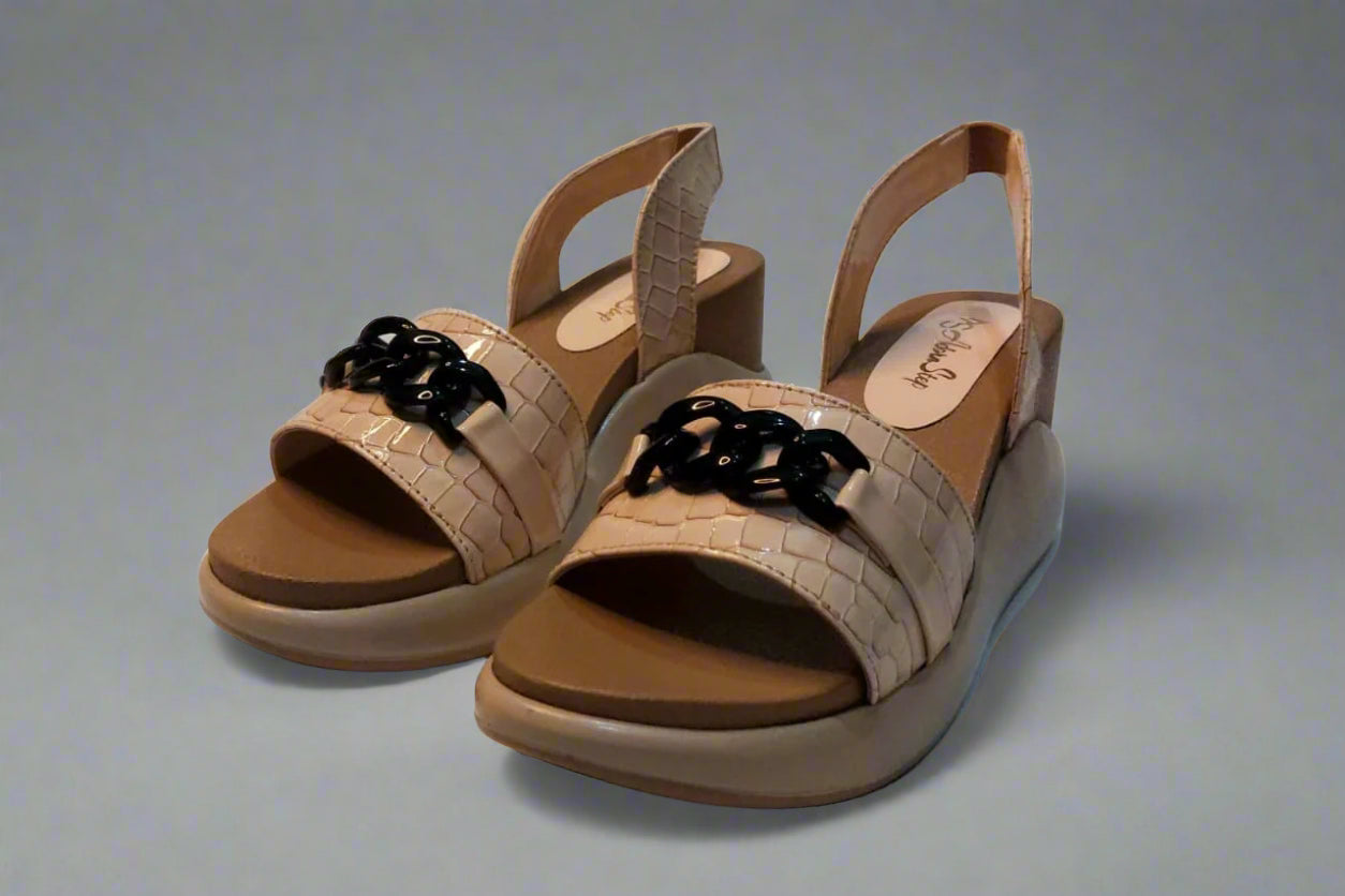 Beige Croc-Textured Slingback Sandals with Black Chain Accent