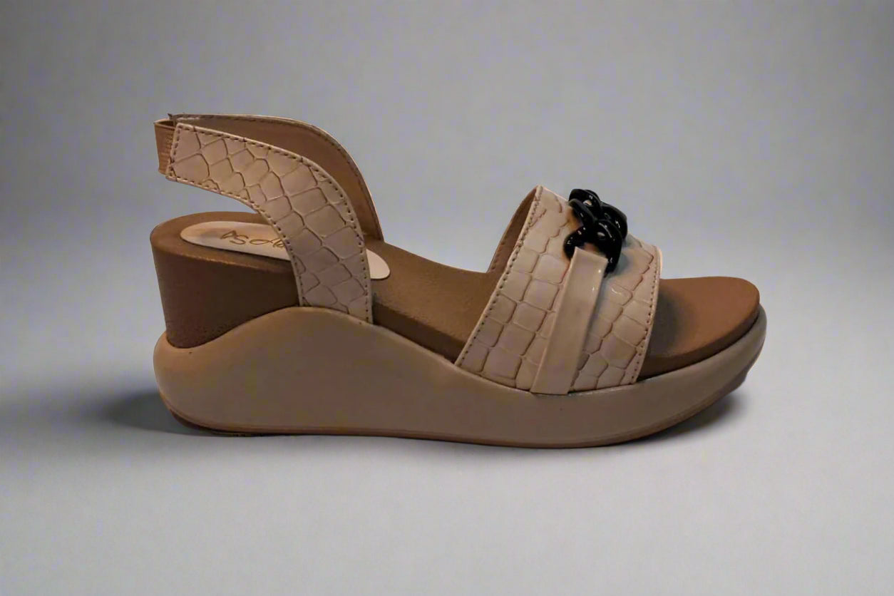Beige Croc-Textured Slingback Sandals with Black Chain Accent