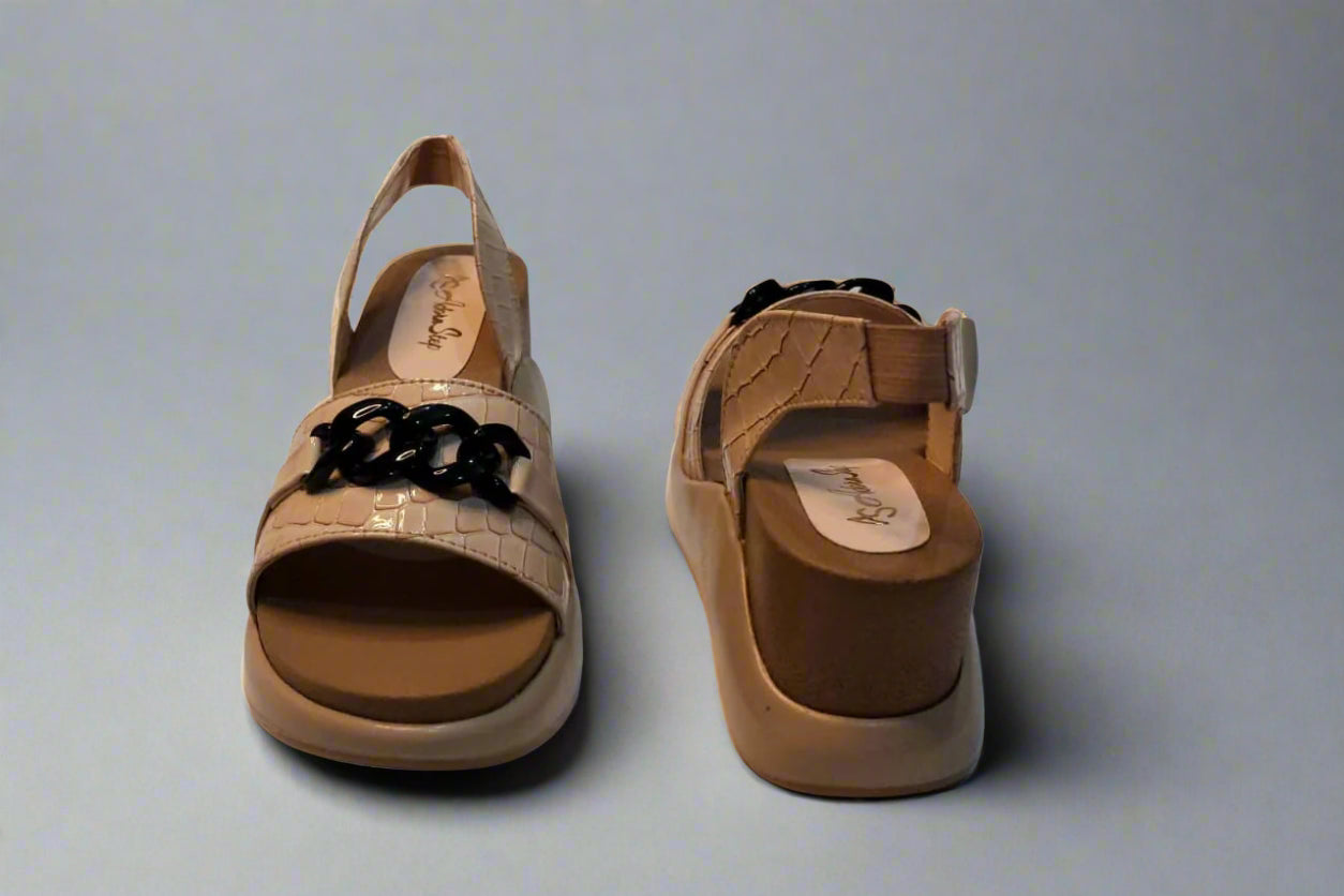 Beige Croc-Textured Slingback Sandals with Black Chain Accent