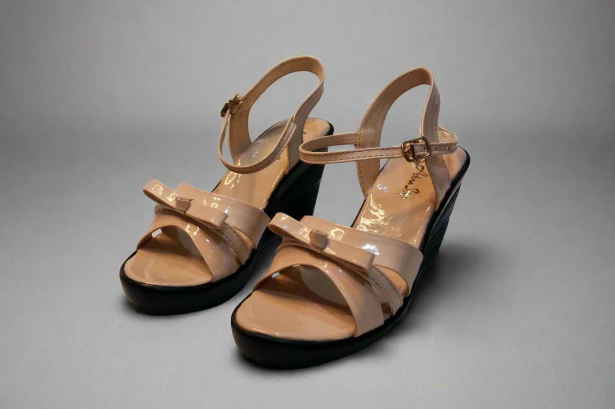 Beige Patent Ankle Strap Block Heels with Bow Detail