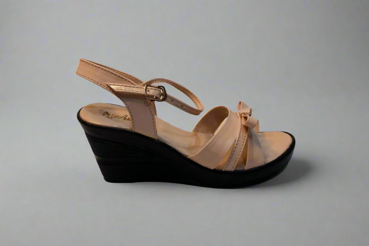 Beige Patent Ankle Strap Block Heels with Bow Detail