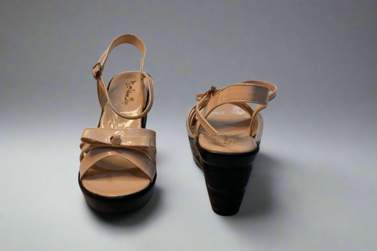 Beige Patent Ankle Strap Block Heels with Bow Detail