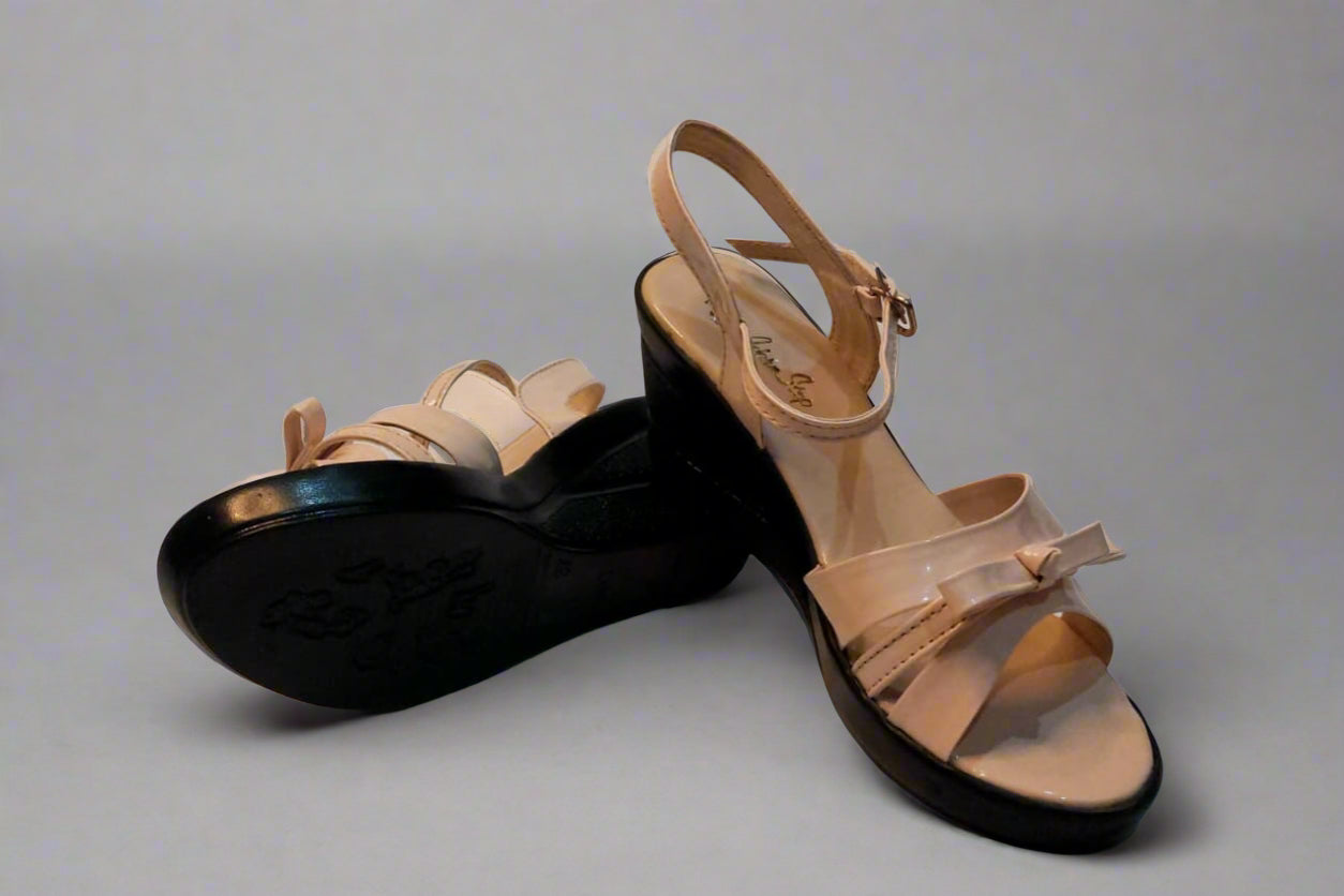 Beige Patent Ankle Strap Block Heels with Bow Detail