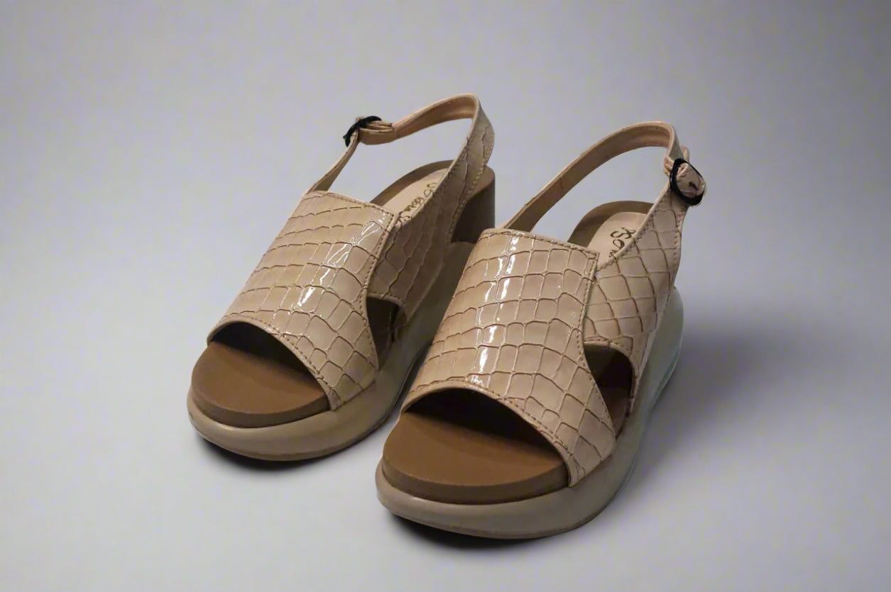 Beige Croc-Textured Slingback Wedge Sandals