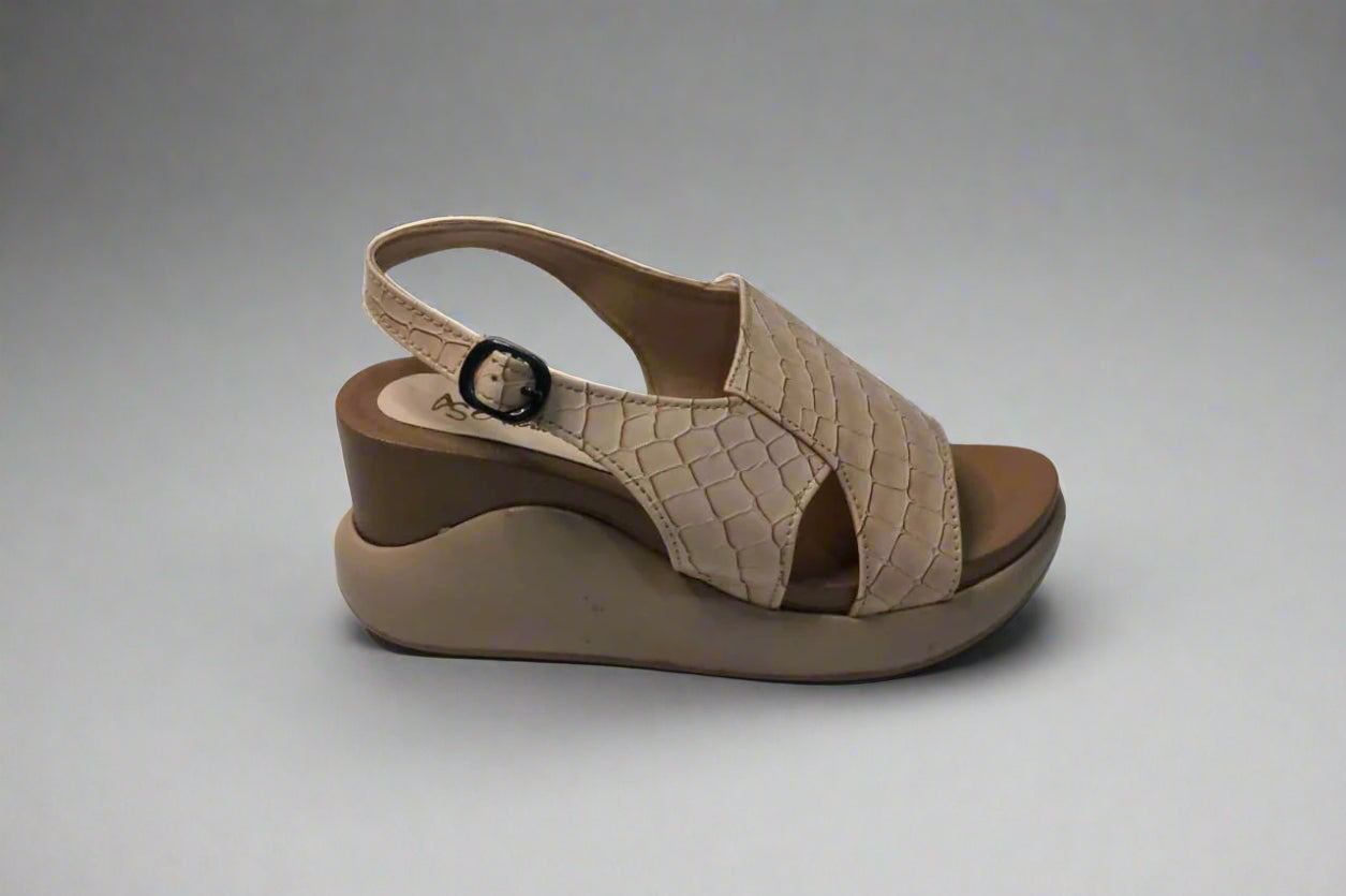 Beige Croc-Textured Slingback Wedge Sandals
