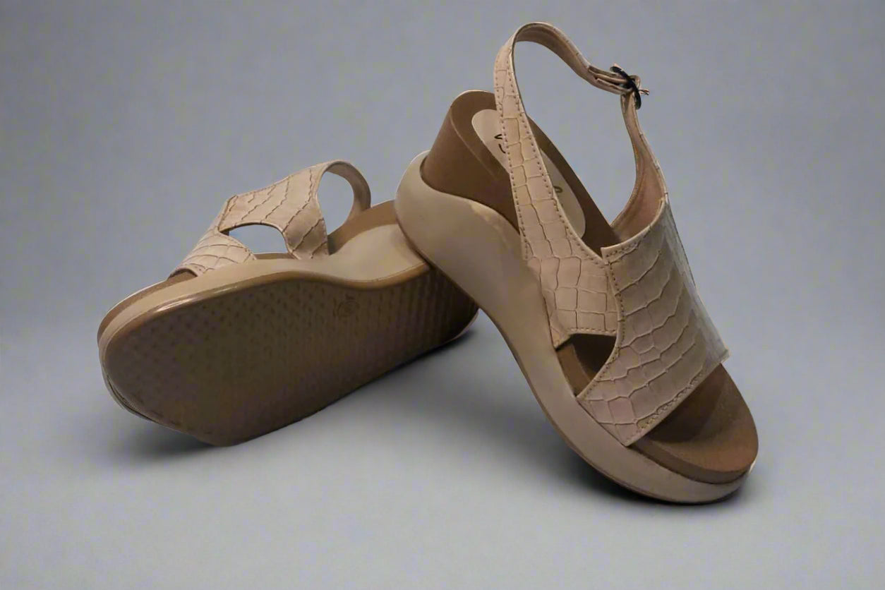 Beige Croc-Textured Slingback Wedge Sandals