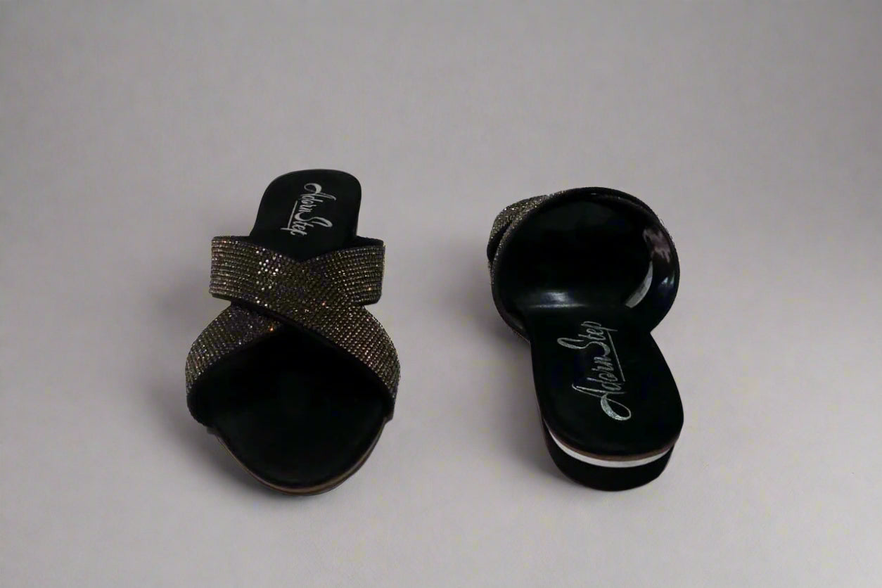 Black Crystal Cross-Strap Slip-On Sandals