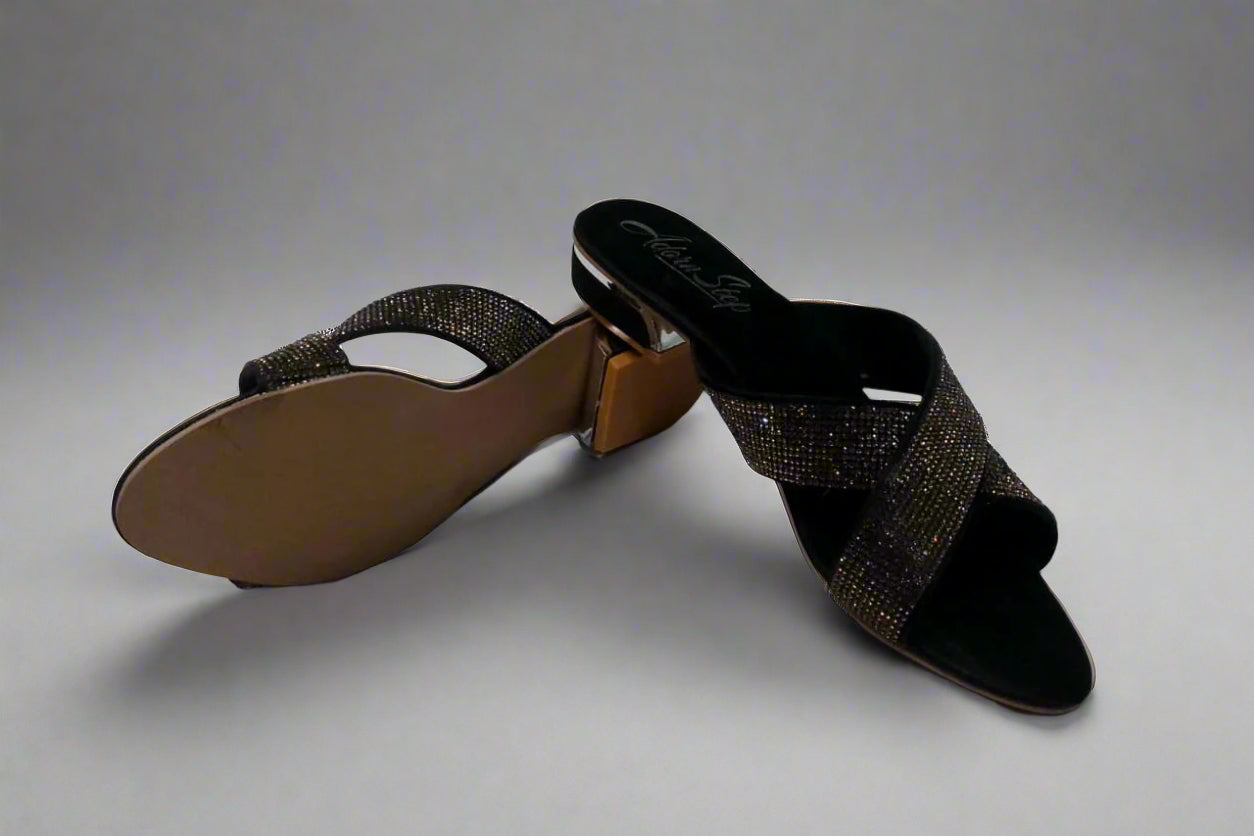 Black Crystal Cross-Strap Slip-On Sandals