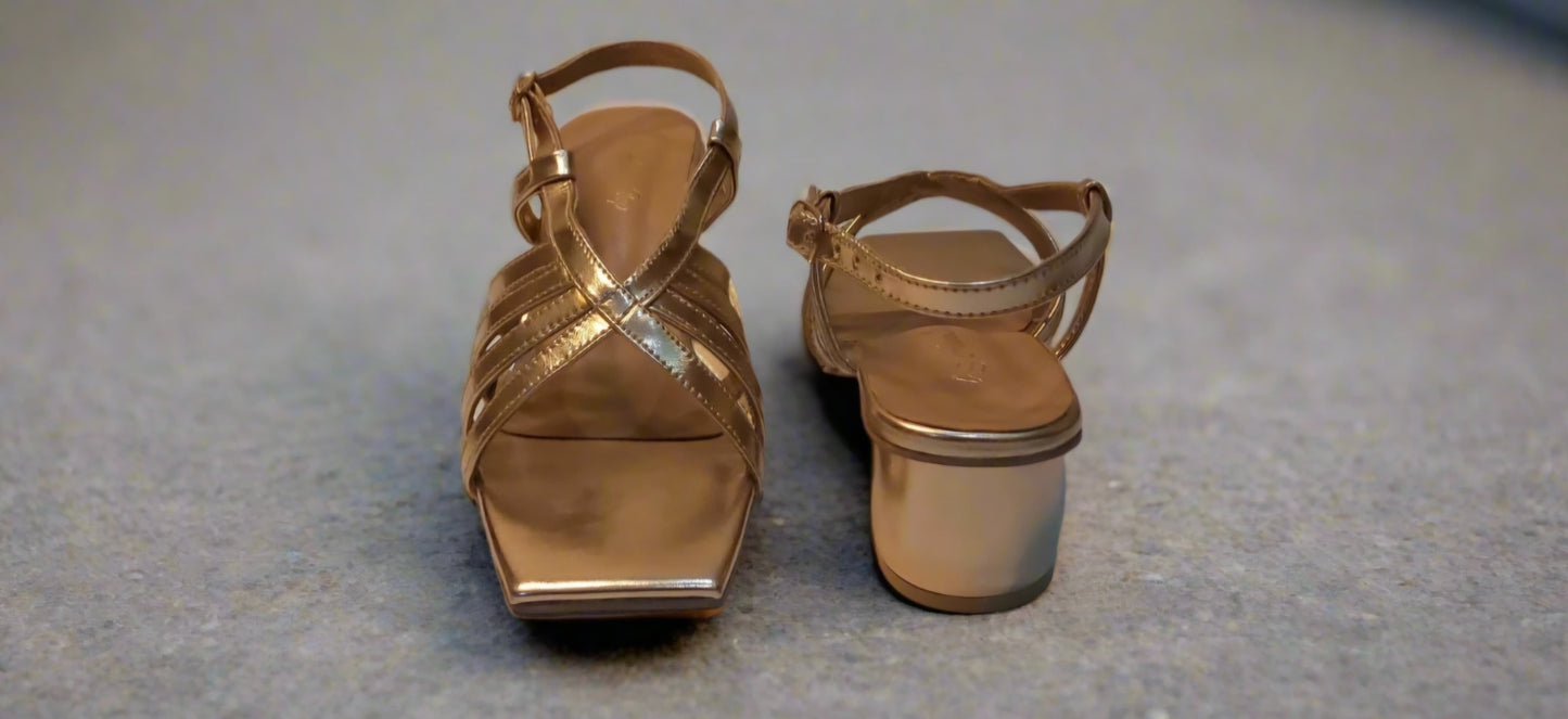 Elegant Gold Strappy Block Heel Sandals – Square Toe Design