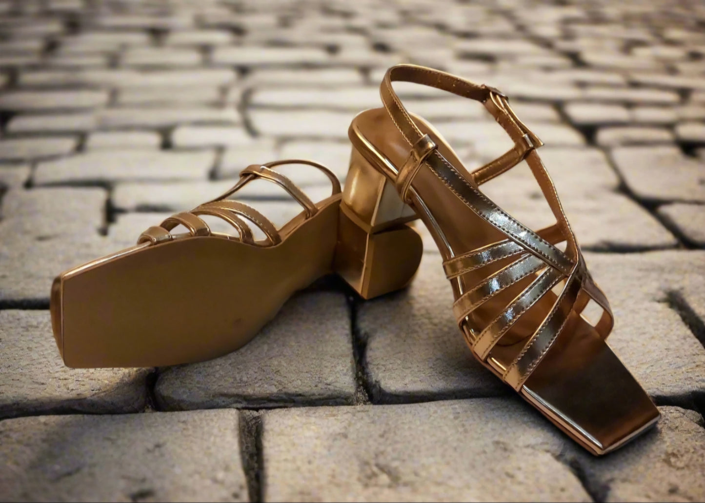 Elegant Gold Strappy Block Heel Sandals – Square Toe Design