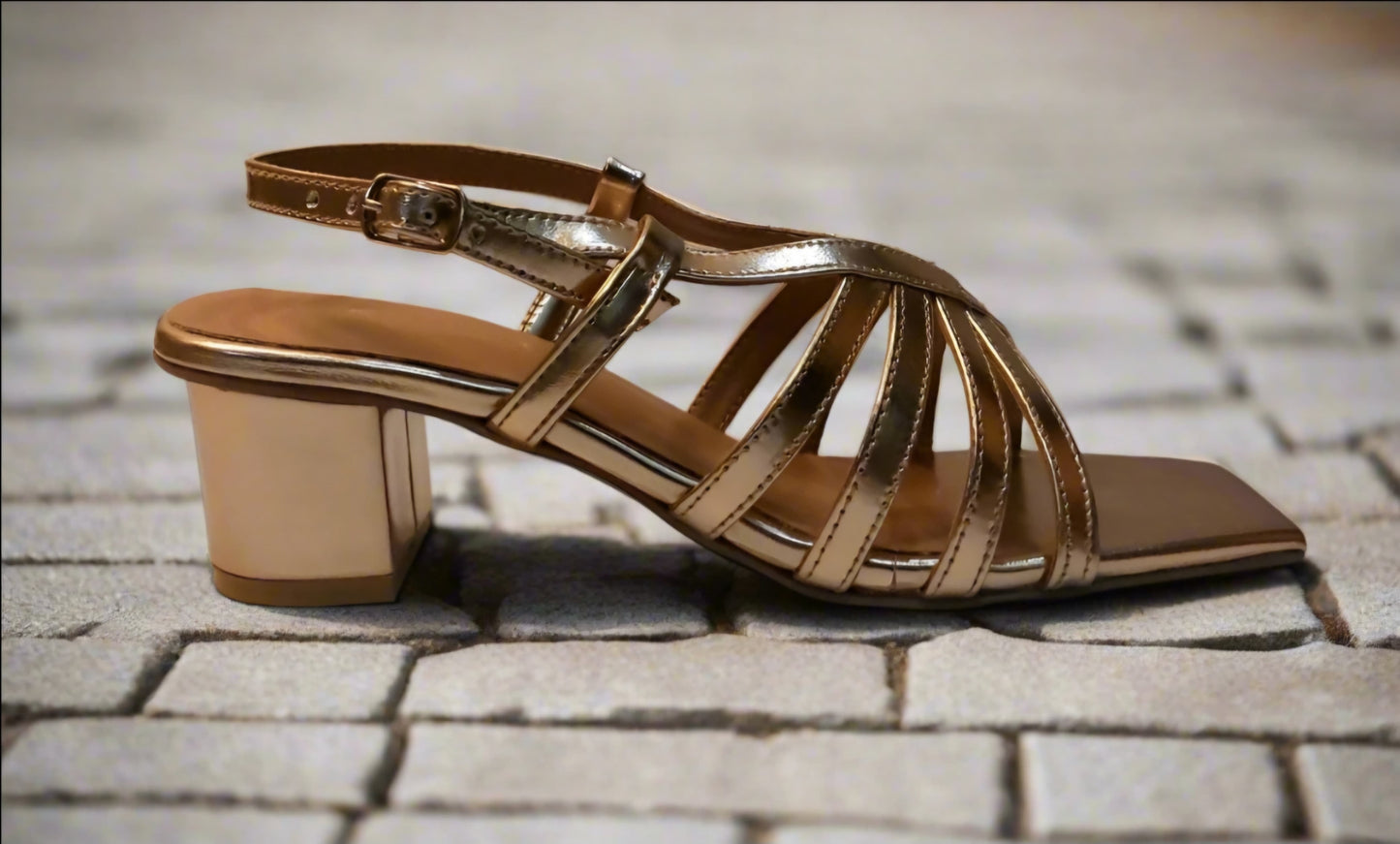 Elegant Gold Strappy Block Heel Sandals – Square Toe Design