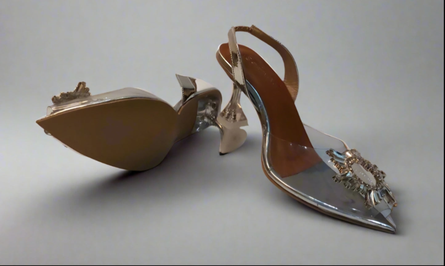 Crystal Embellished Transparent Gold Slingback Heels – Luxe Glass Heel Design