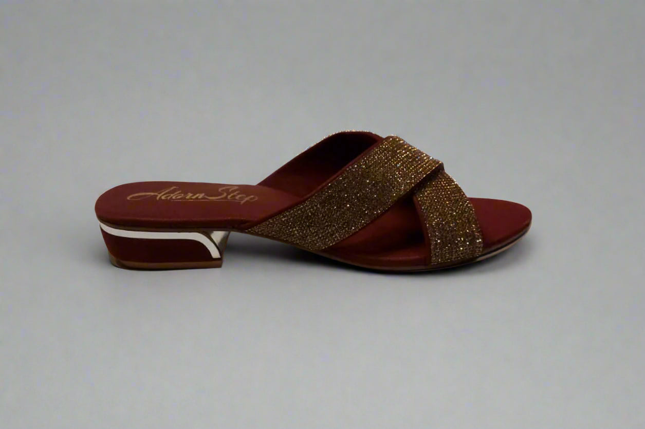 Crimson Glam Cross-Strap Slides with Gold Glitter Finish