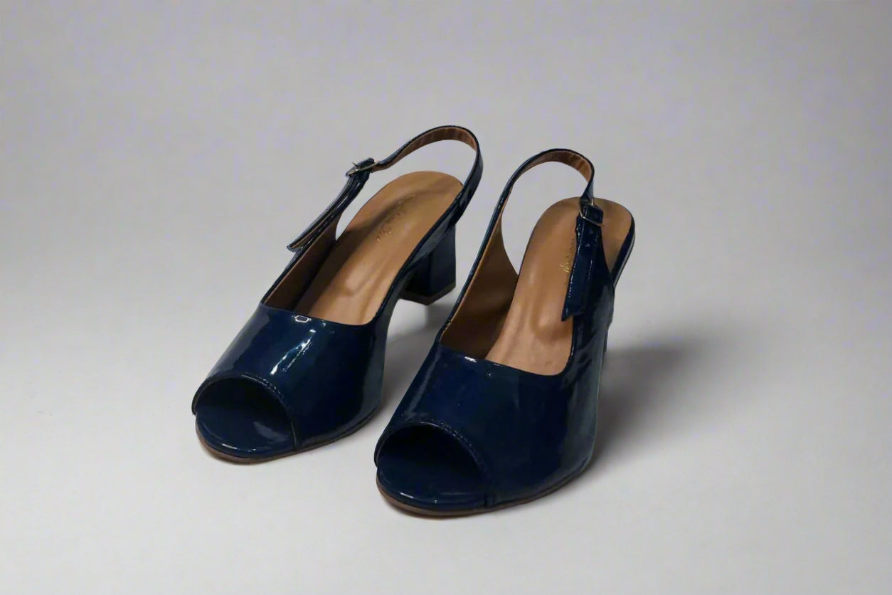 Elegant Navy Blue Patent Leather Slingback Heels – Open Toe Design