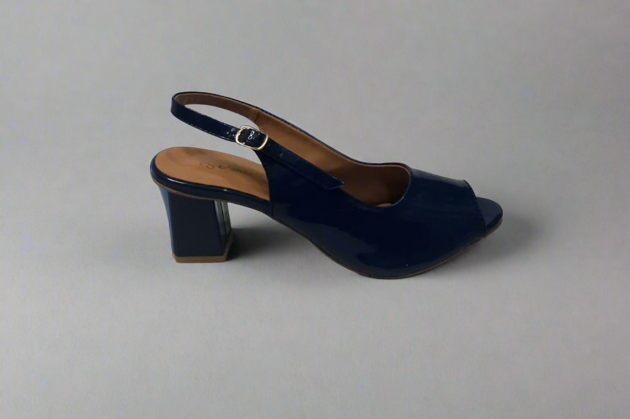 Elegant Navy Blue Patent Leather Slingback Heels – Open Toe Design