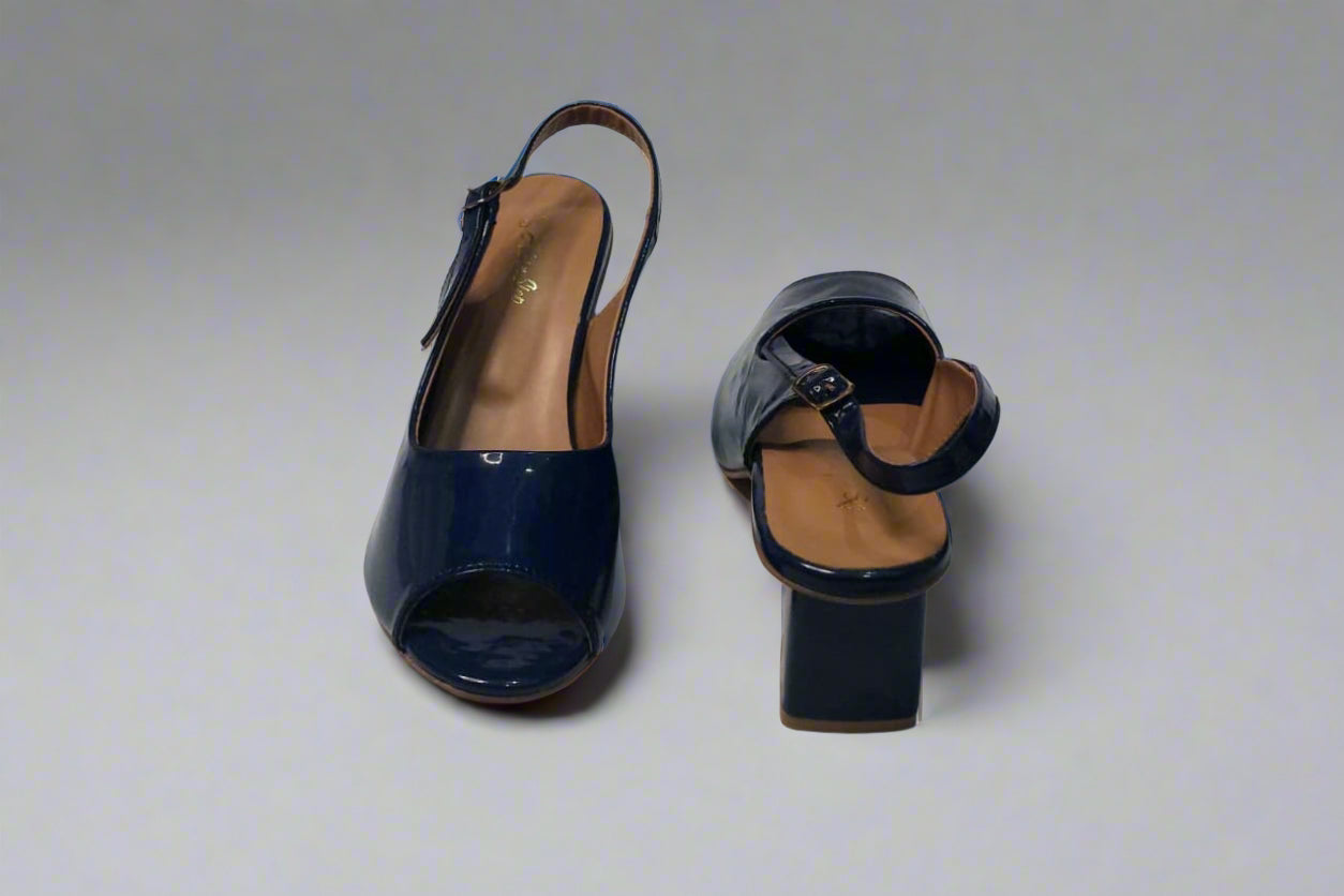 Elegant Navy Blue Patent Leather Slingback Heels – Open Toe Design