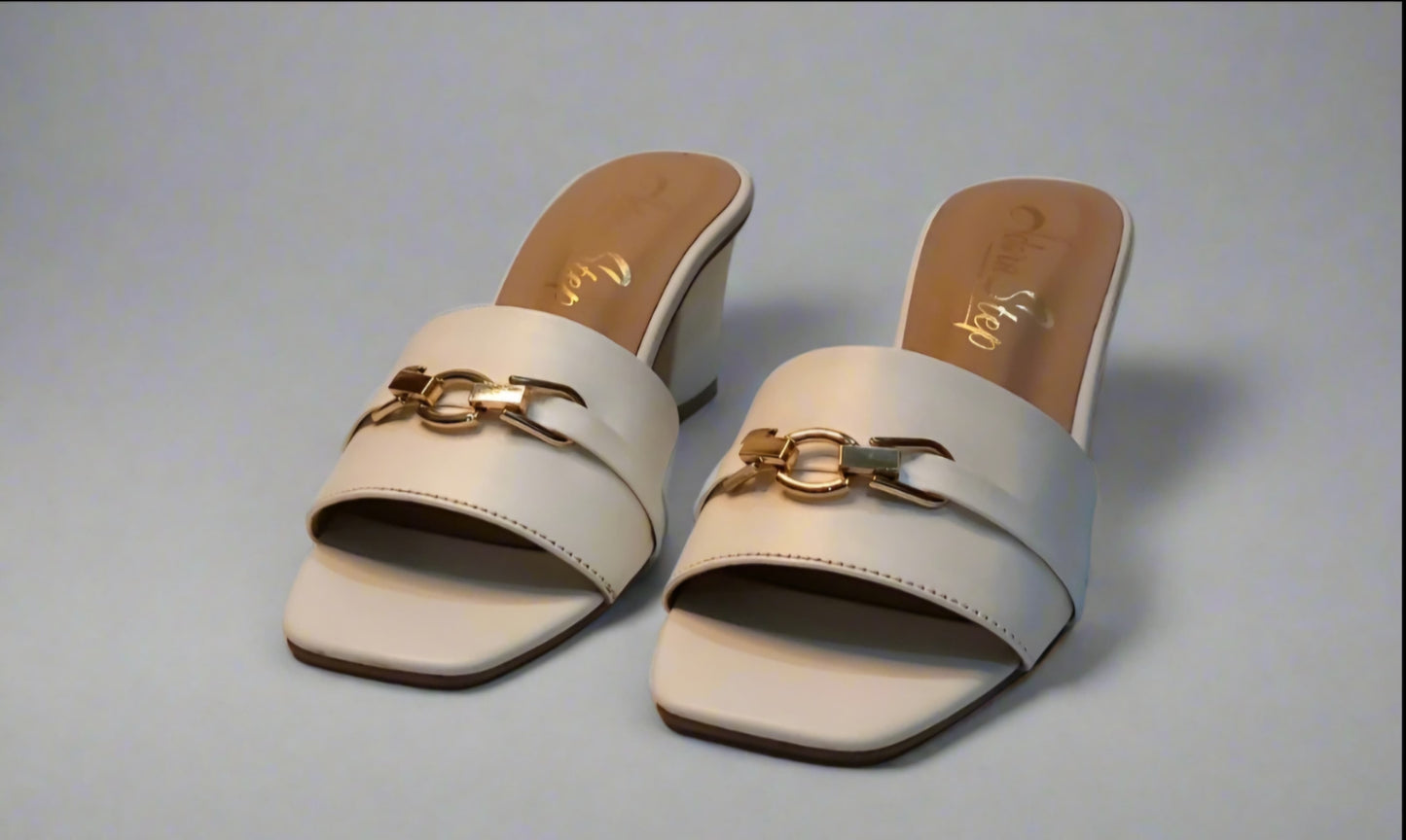 Ivory Charm Buckle Block Heels – Minimal Elegance with a Golden Touch