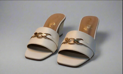 Ivory Charm Buckle Block Heels – Minimal Elegance with a Golden Touch