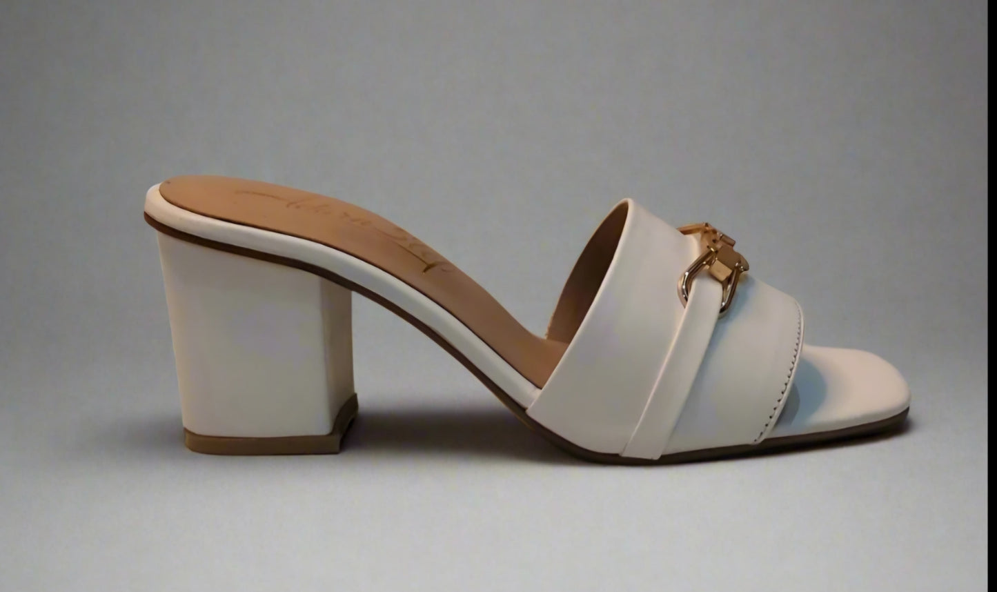 Ivory Charm Buckle Block Heels – Minimal Elegance with a Golden Touch