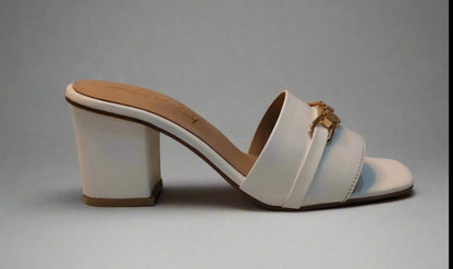 Ivory Charm Buckle Block Heels – Minimal Elegance with a Golden Touch