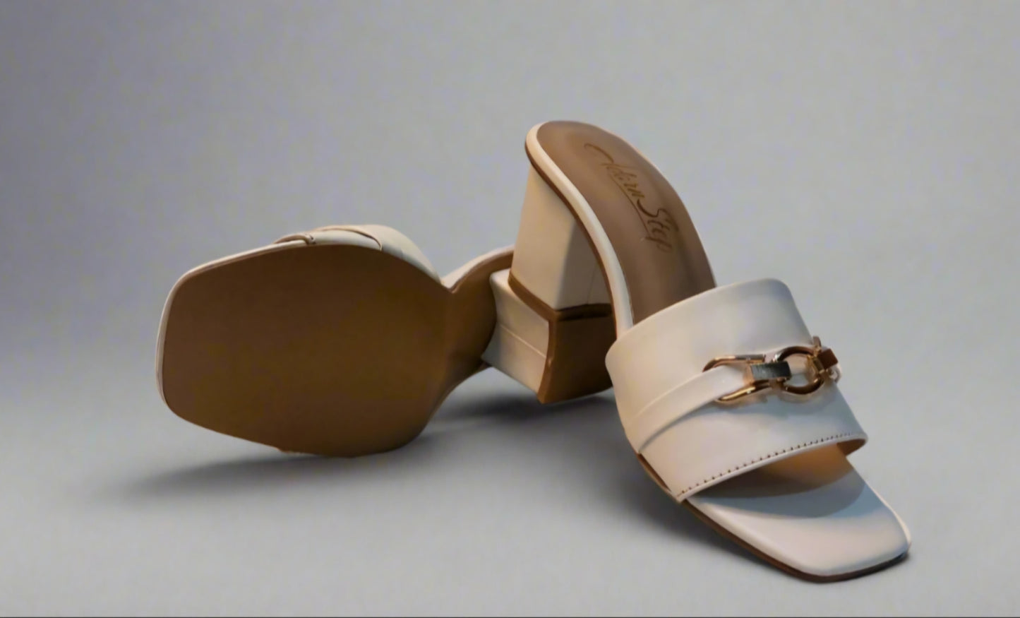 Ivory Charm Buckle Block Heels – Minimal Elegance with a Golden Touch