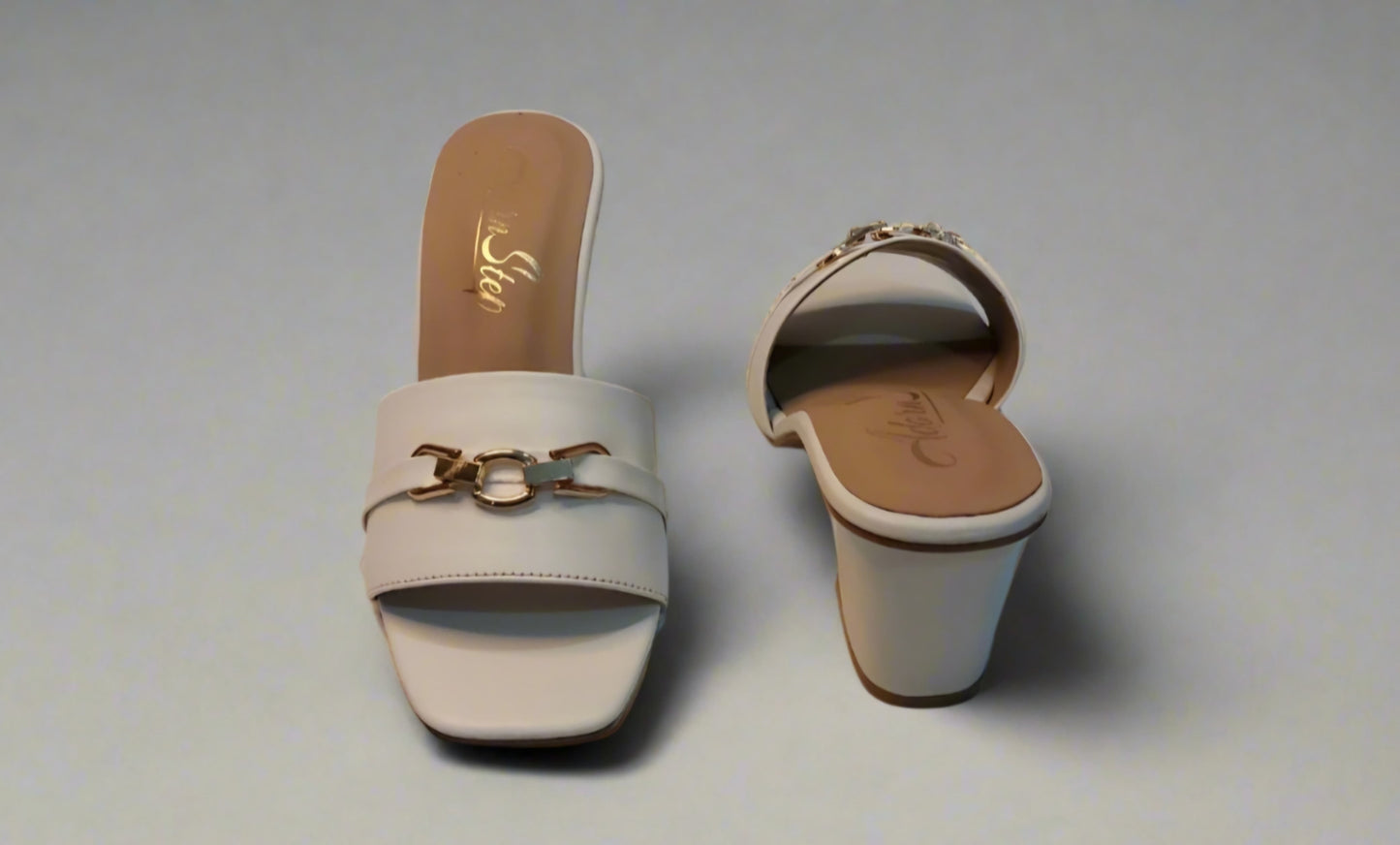 Ivory Charm Buckle Block Heels – Minimal Elegance with a Golden Touch