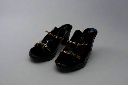 Black Patent Block Heels with Gold Chain Detailing