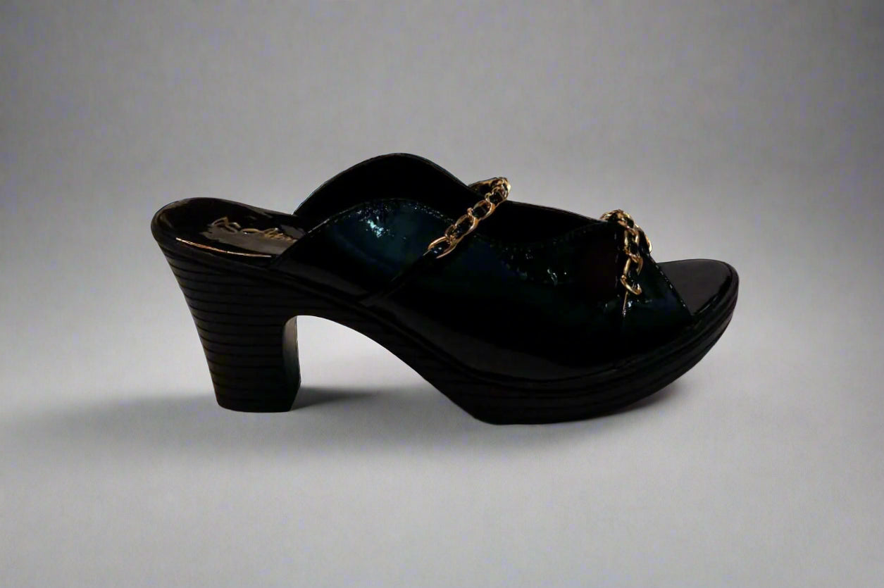 Black Patent Block Heels with Gold Chain Detailing