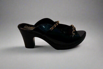 Black Patent Block Heels with Gold Chain Detailing