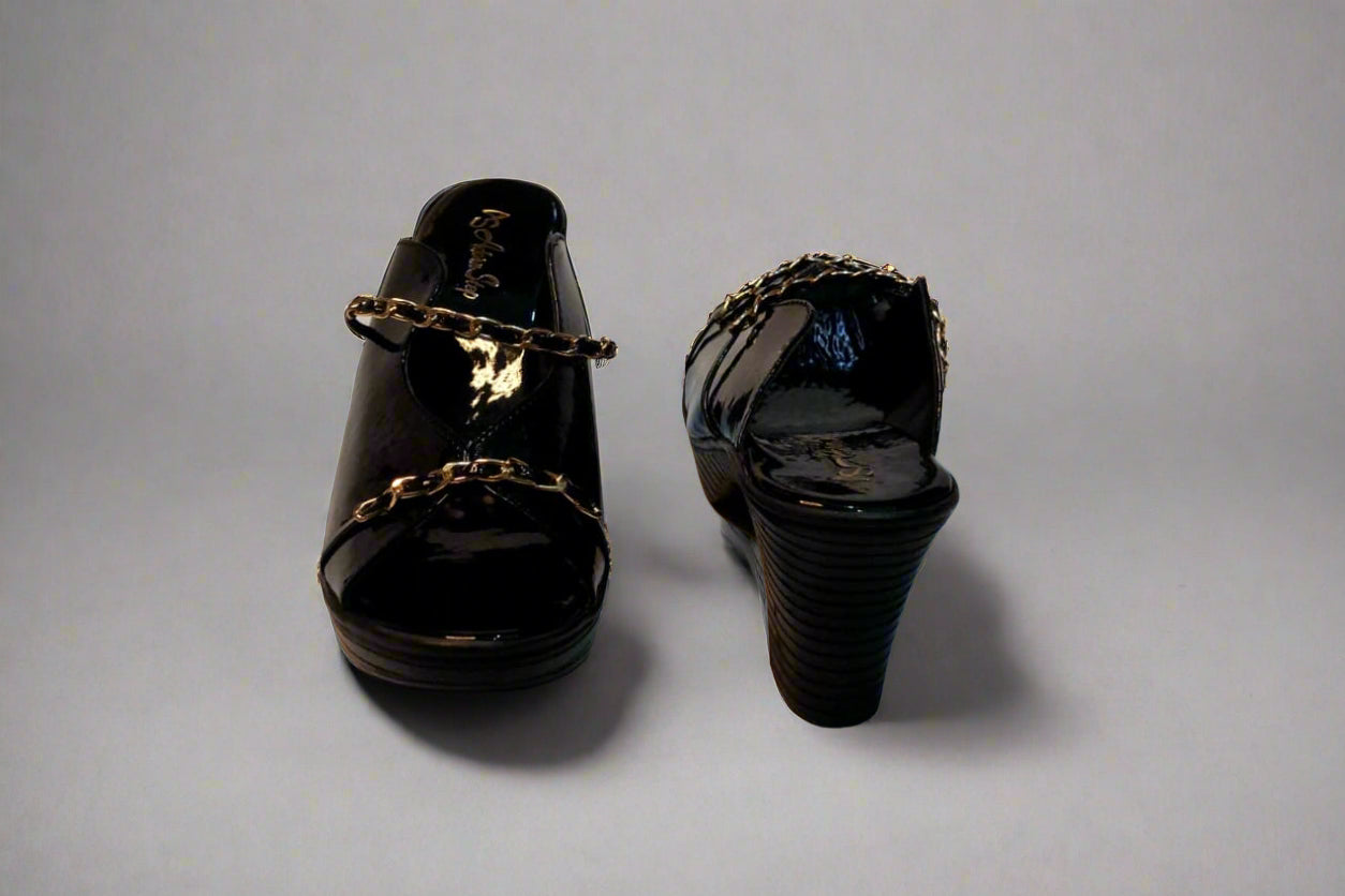 Black Patent Block Heels with Gold Chain Detailing