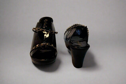 Black Patent Block Heels with Gold Chain Detailing