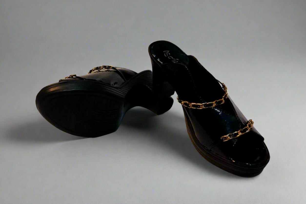 Black Patent Block Heels with Gold Chain Detailing