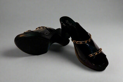 Black Patent Block Heels with Gold Chain Detailing