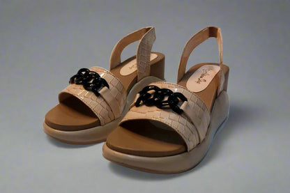 Beige Croc-Textured Slingback Sandals with Black Chain Accent
