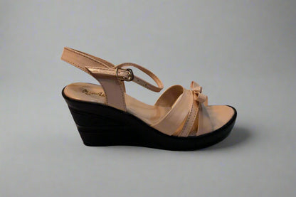 Beige Patent Ankle Strap Block Heels with Bow Detail