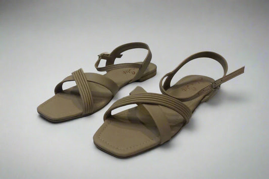 Beige Flat Sandals with Crisscross Strap Design