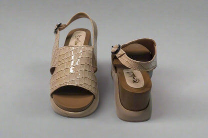 Beige Croc-Textured Slingback Wedge Sandals