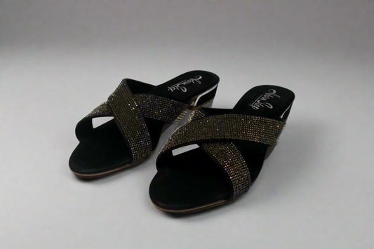 Black Crystal Cross-Strap Slip-On Sandals