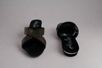 Black Crystal Cross-Strap Slip-On Sandals