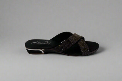 Black Crystal Cross-Strap Slip-On Sandals