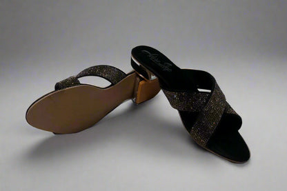 Black Crystal Cross-Strap Slip-On Sandals