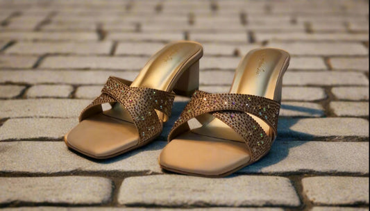 Golden Glamour Block Heel Slip-Ons – Embellished Criss-Cross Sandals
