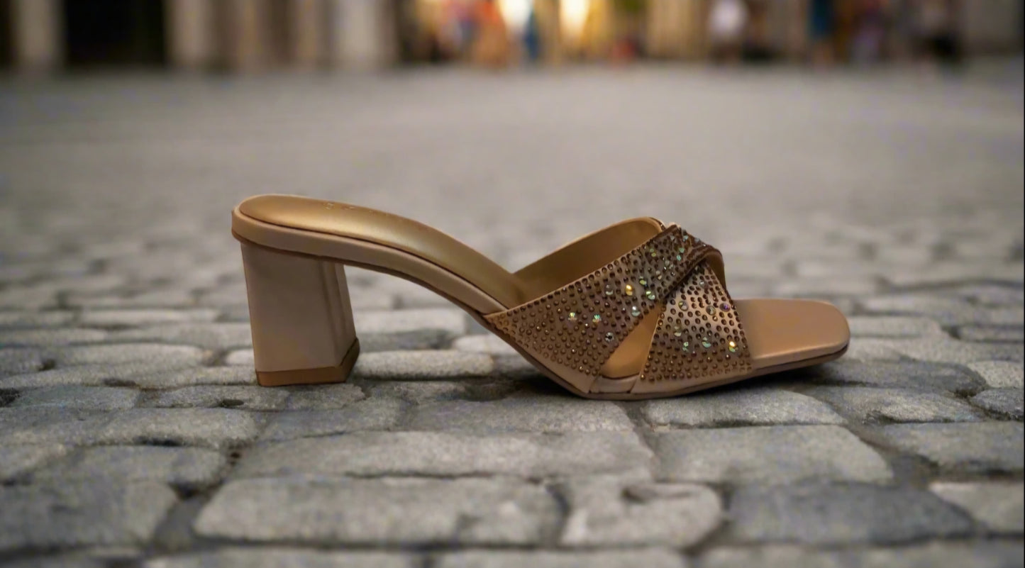 Golden Glamour Block Heel Slip-Ons – Embellished Criss-Cross Sandals
