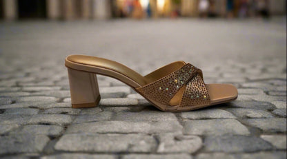 Golden Glamour Block Heel Slip-Ons – Embellished Criss-Cross Sandals