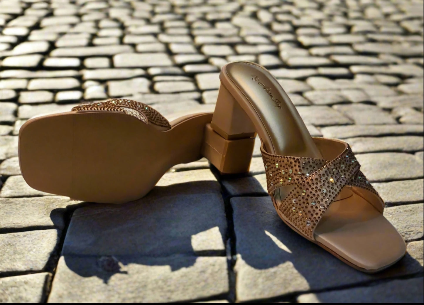 Golden Glamour Block Heel Slip-Ons – Embellished Criss-Cross Sandals