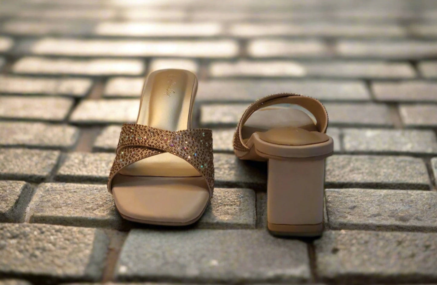 Golden Glamour Block Heel Slip-Ons – Embellished Criss-Cross Sandals