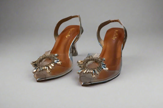 Crystal Embellished Transparent Gold Slingback Heels – Luxe Glass Heel Design